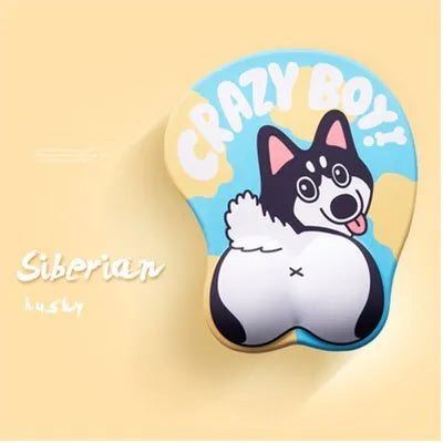 Blue corgi bottom 3D mouse pad with raised wrist cushion on a desk