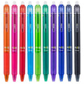 Ten colour press open neutral pen set with 0.5mm fine tips and scrub erasers in black, red, and blue shells.