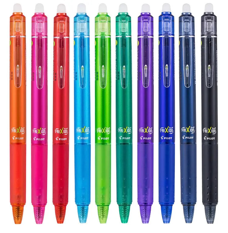 Ten colour press open neutral pen set with 0.5mm fine tips and scrub erasers in black, red, and blue shells.