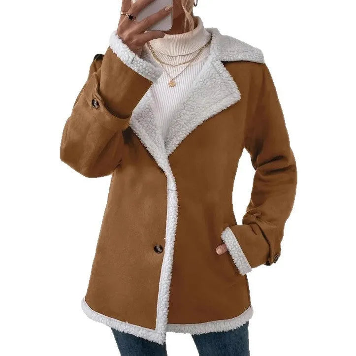 Women's light brown suede lapel mid-length jacket with pockets, loose fit, on hanger