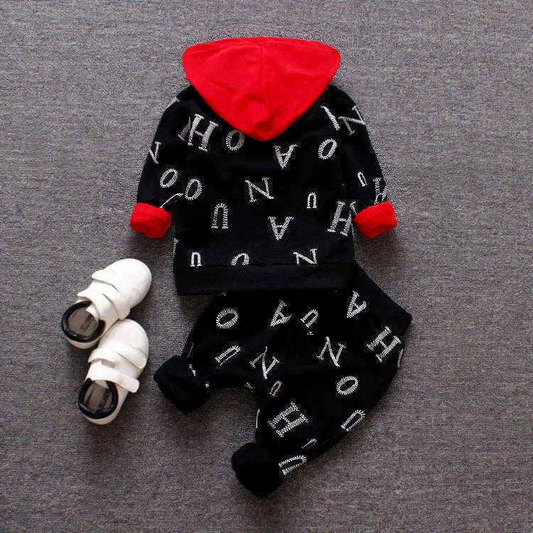Red and white children's long sleeve clothing set, polyester and vinylon blend, shown in sizes 80cm to 110cm.