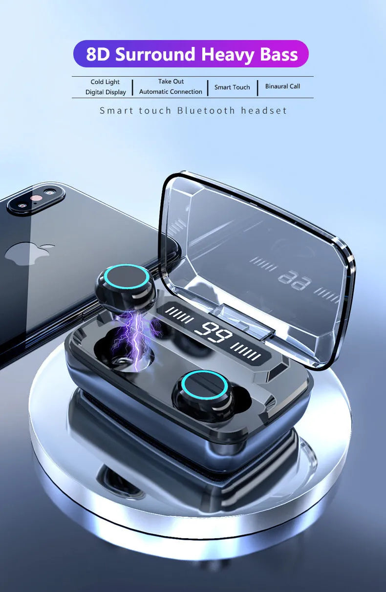 Black M11 style Bluetooth wireless headset with digital display and charging case with phone holder.