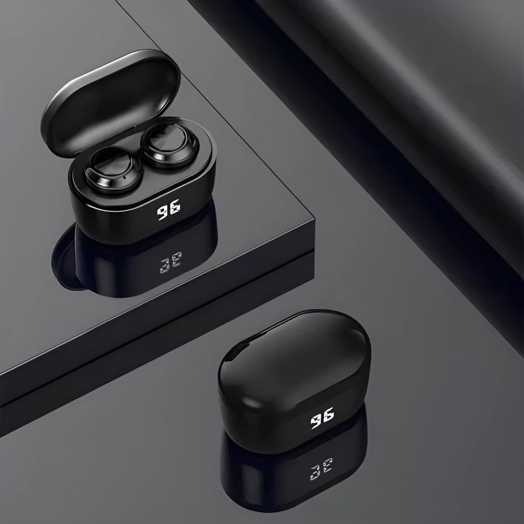 Black stereo Bluetooth earplug headset showing earpieces, suitable for calls and music with 10m range.