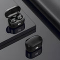 Black stereo Bluetooth earplug headset showing earpieces, suitable for calls and music with 10m range.