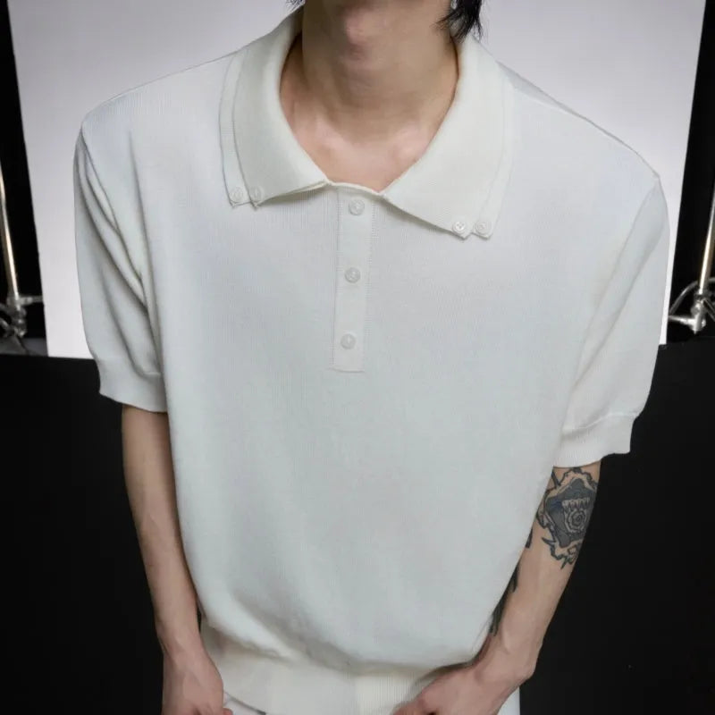 Men's black polyester short sleeve shirt with double collar lapel design and loose fit