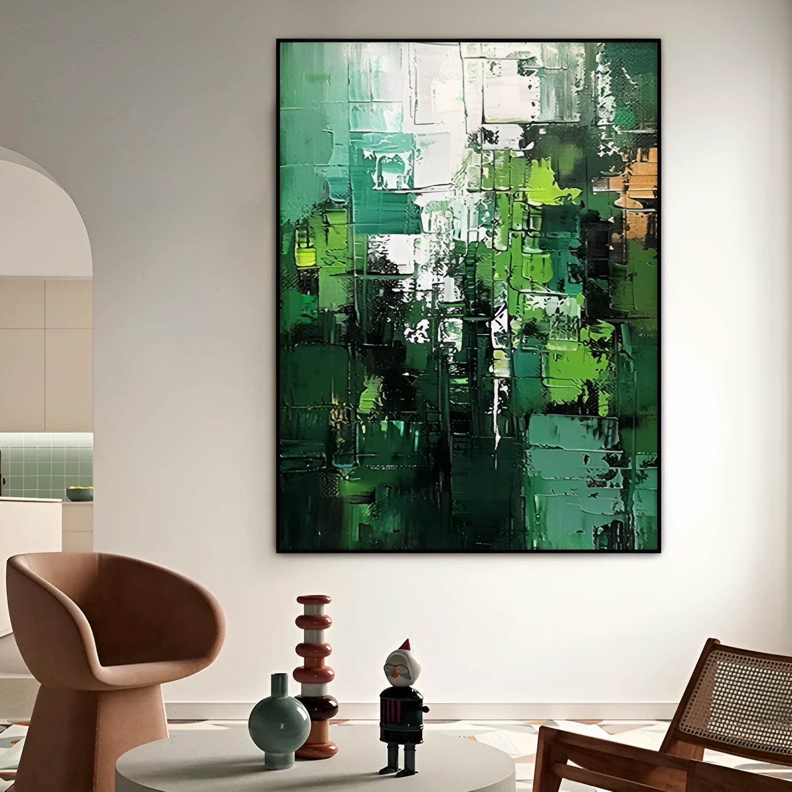 Green abstract hand-painted oil painting on canvas, unframed, with texture visible