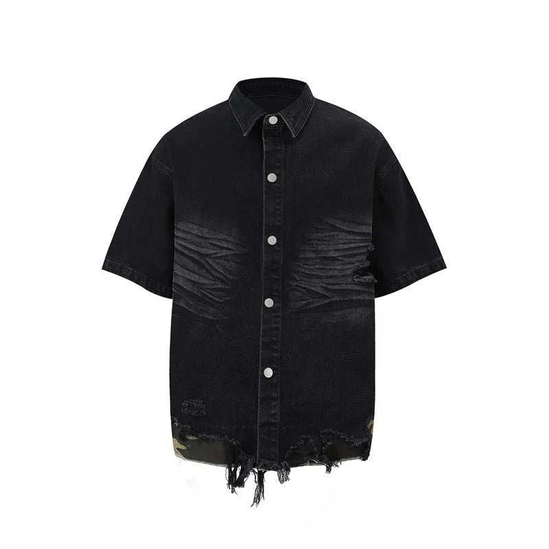 Leopard print denim short sleeve jacket and matching shorts set with raw cut edge stitching.