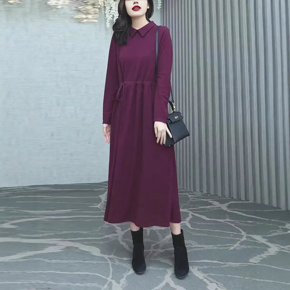 Purplish red plus size long sleeve winter dress for women on a hanger.