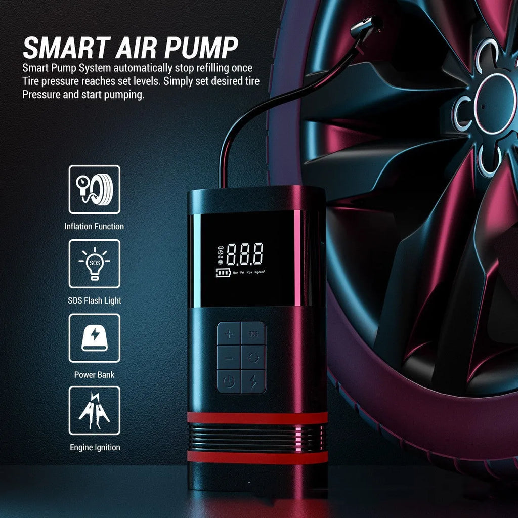 Black wireless car jump starter power bank measuring 19.5cm with LED lights and USB charging