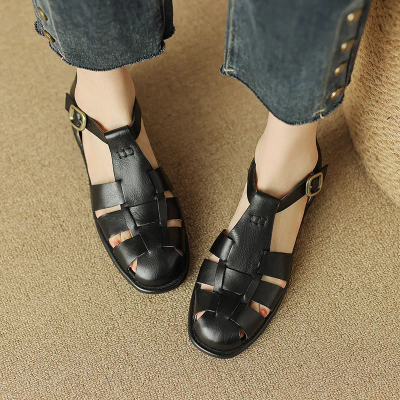 Women's round toe low heel leather retro Roman flat sandals in brown and black options