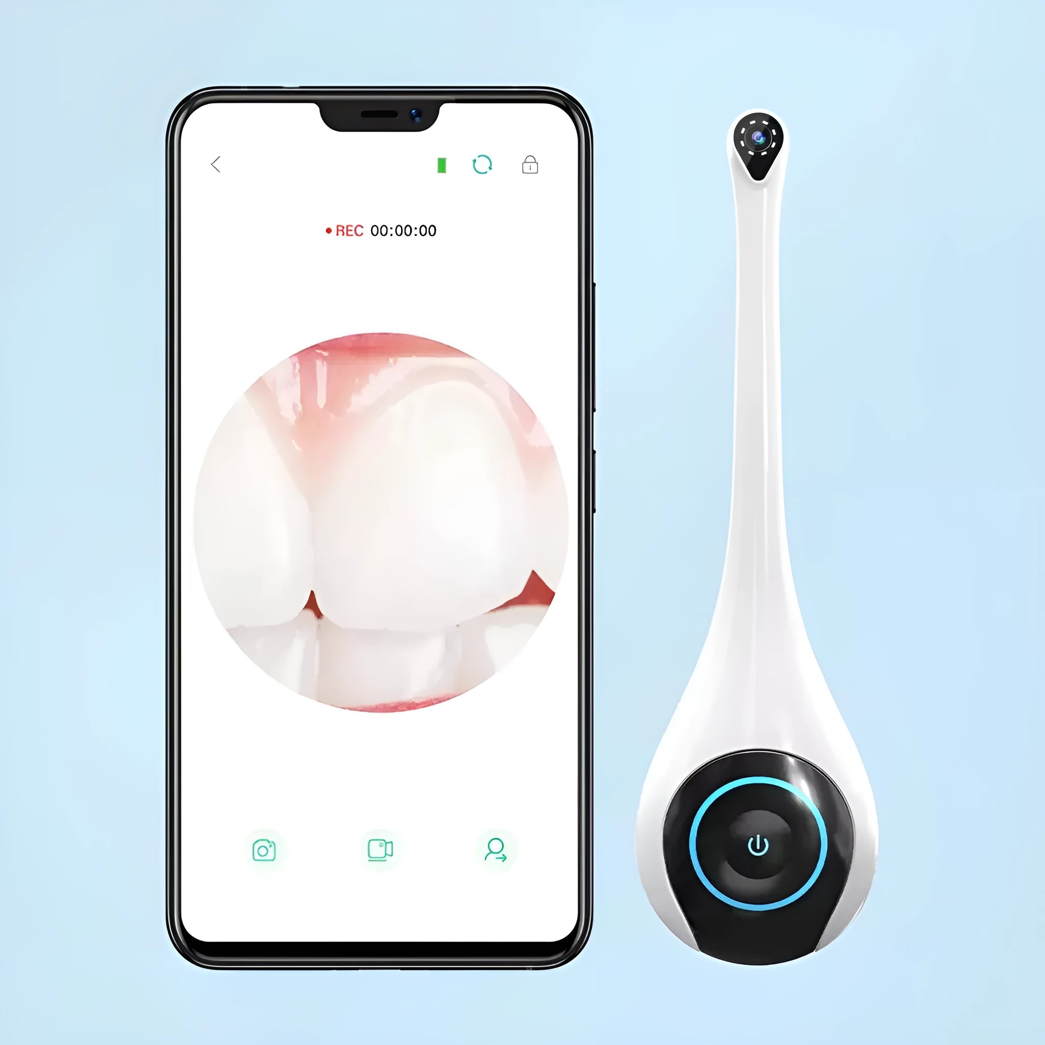 White dental mirror endoscope camera with 1080P HD video, Bluetooth connectivity, and 8 LED lights