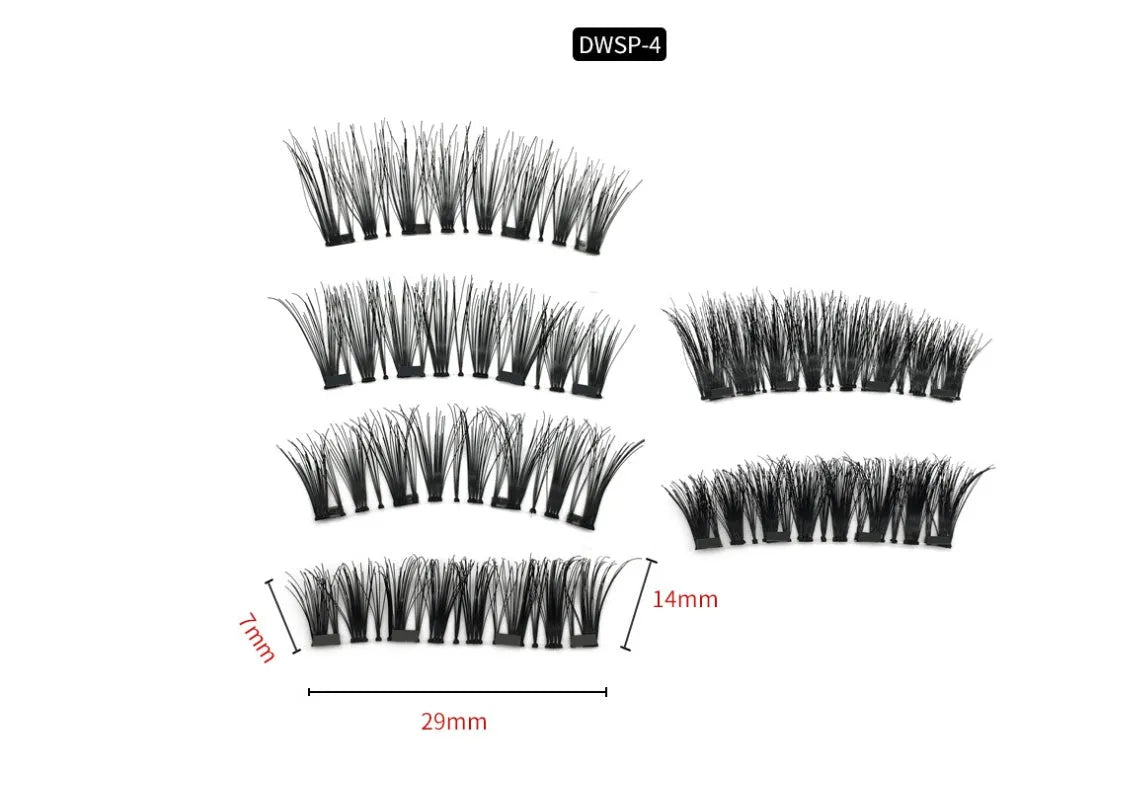 Four magnet false eyelashes in imported fibre, hand made, with optional rose gold or silver eyelash curler