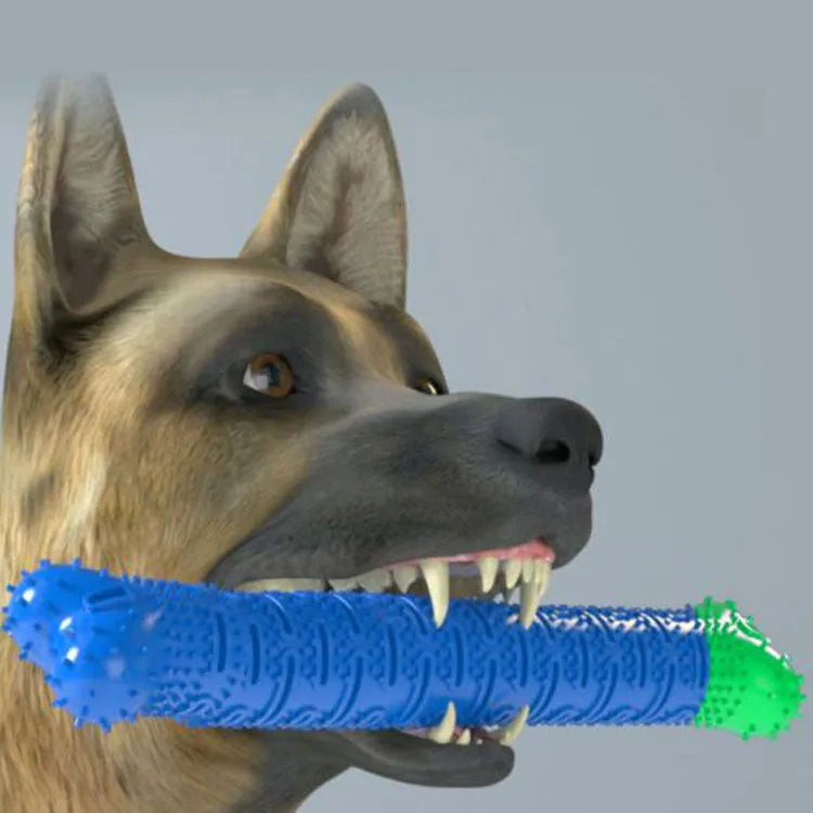 Blue green silicone dog dental cleaning stick chew toy with brush head texture, measuring 25 cm.