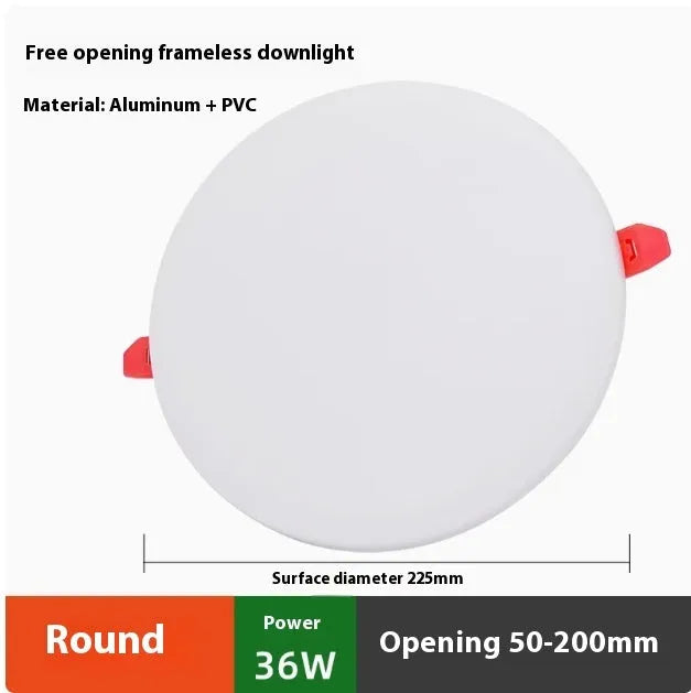 Ultra-thin circular and square aluminium LED panel ceiling lights showing white light.