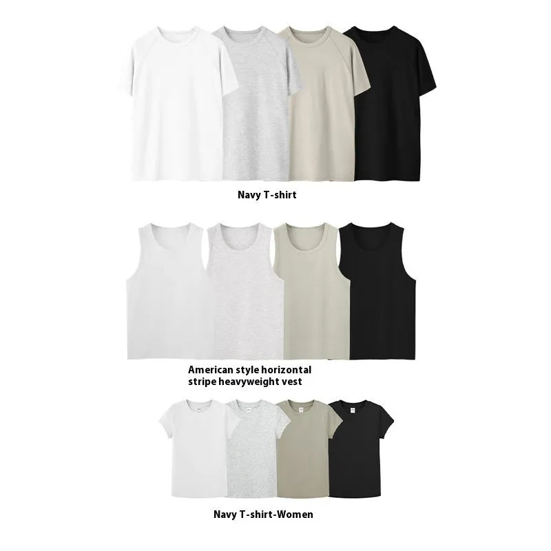 Slim fit men's or women's stretch top shown as a vest and short sleeve tee in beige, grey, and black colours.