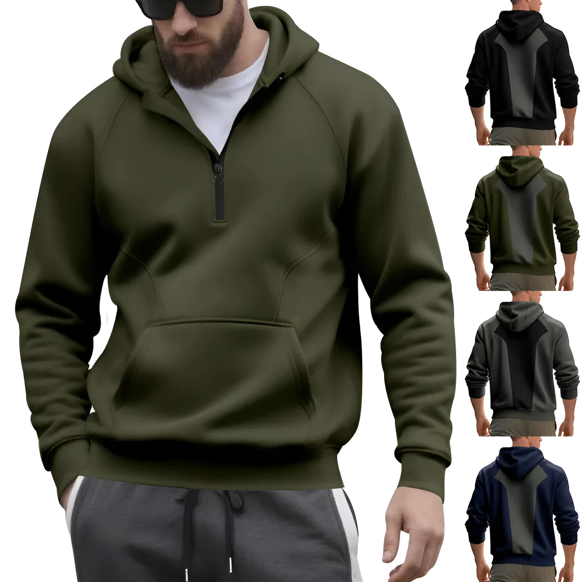 Men's loose fleece hooded zip sweatshirt with raglan sleeves in dark blue, black, army green, or iron grey, sizes S-XXXL