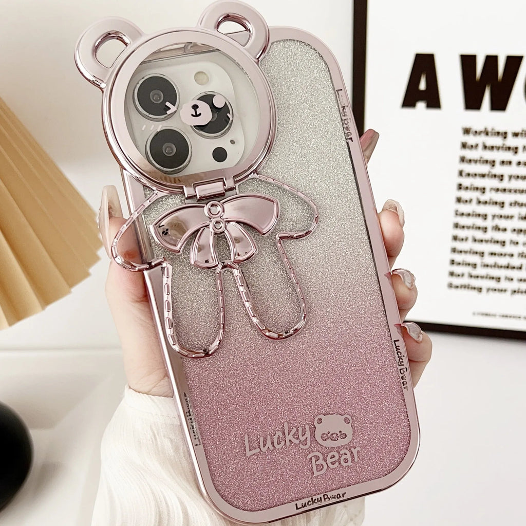 Electroplating glitter TPU phone case with embossed lucky bear bracket, black, compatible with iPhone 14 Pro Max