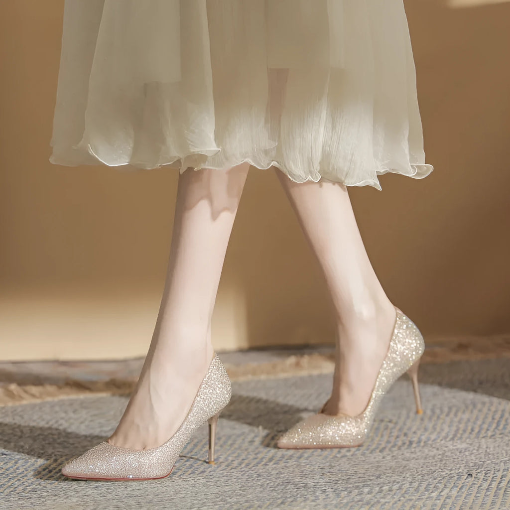 Gold crystal high heel pump with stiletto heel, rhinestone and sequin upper, sizes 34 to 40