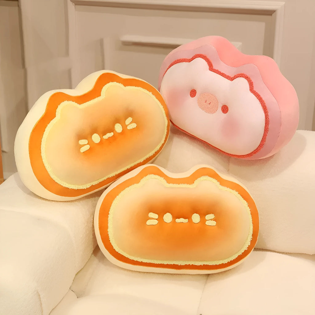 Cheese shape plush pillow 40cm in caramel kitten and strawberry pig designs