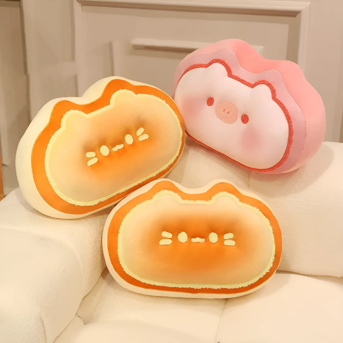Cheese shape plush pillow 40cm in caramel kitten and strawberry pig designs