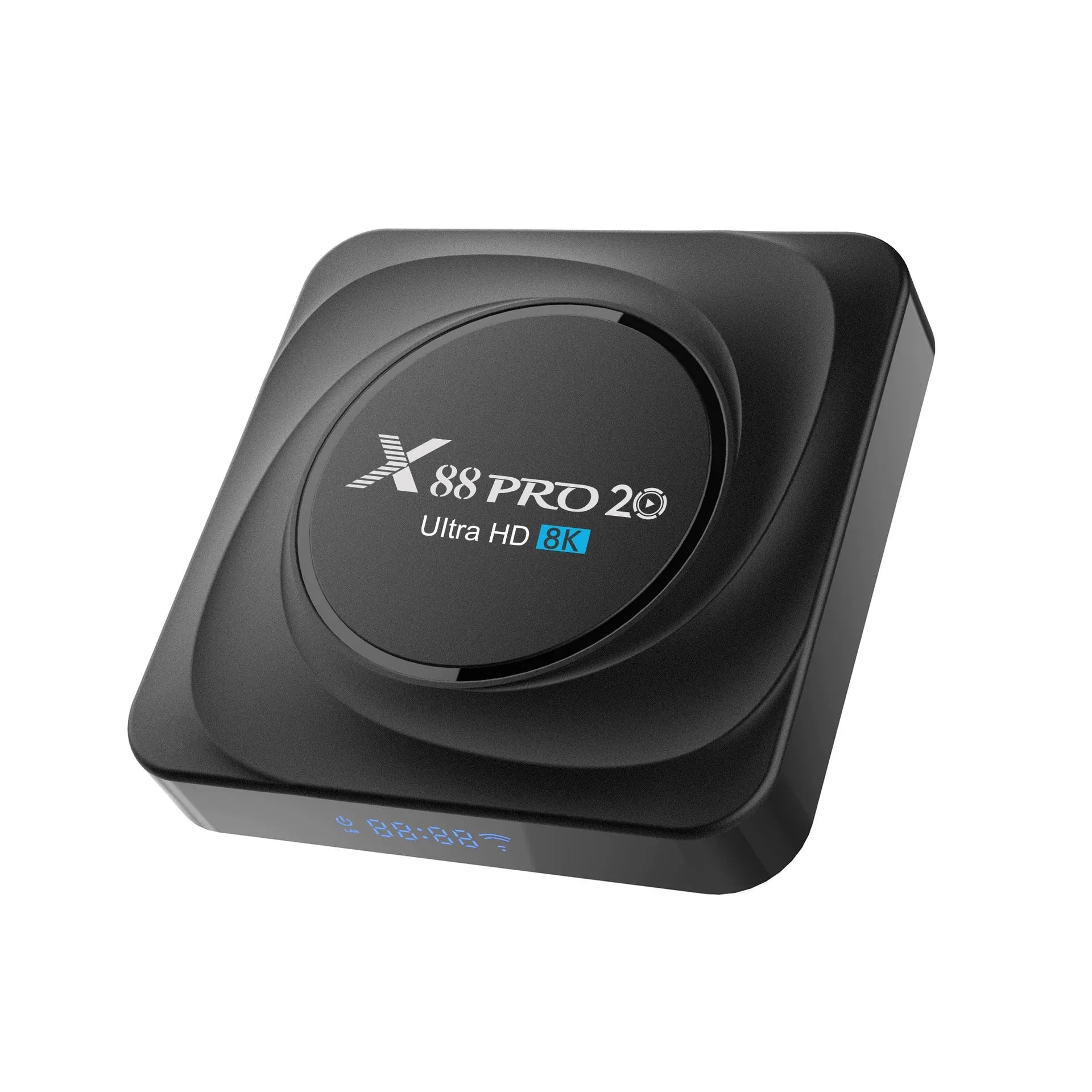 Set-top dual-band WiFi Bluetooth TV box with remote control and HDMI cable on table