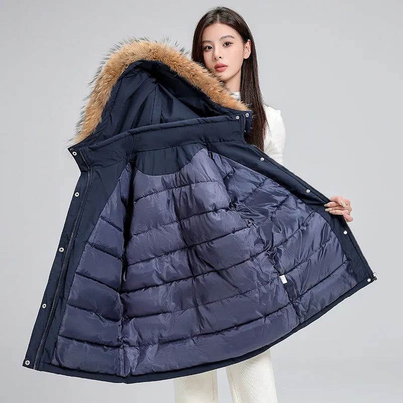 Women's mid-length hooded loose cotton-padded coat with fur collar in black