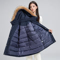 Women's mid-length hooded loose cotton-padded coat with fur collar in black