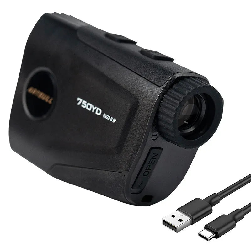 Rechargeable golf laser rangefinder with slope compensation and flag lock function.