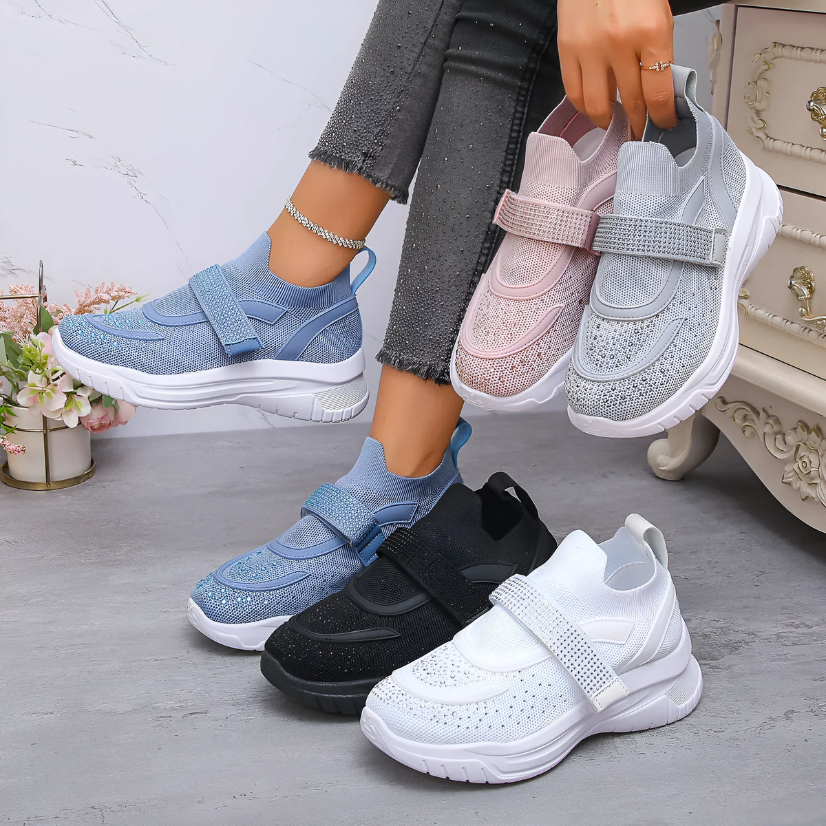 Women's slip-on breathable mesh wedge sneakers in pink with rhinestone accents and wedge heel