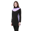Conservative women's hooded swimsuit with long sleeves in black and rose red.