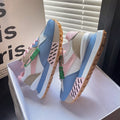Women's breathable faux leather trainers with 3-5cm mid heel, mesh lining, rubber sole, in yellow green blue