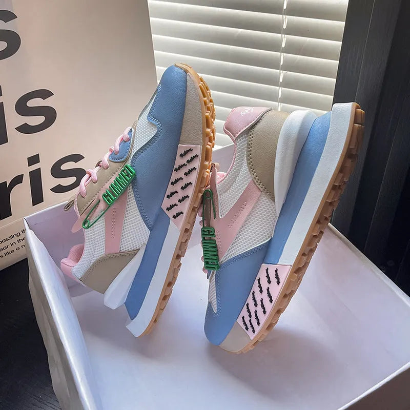 Women's breathable faux leather trainers with 3-5cm mid heel, mesh lining, rubber sole, in yellow green blue