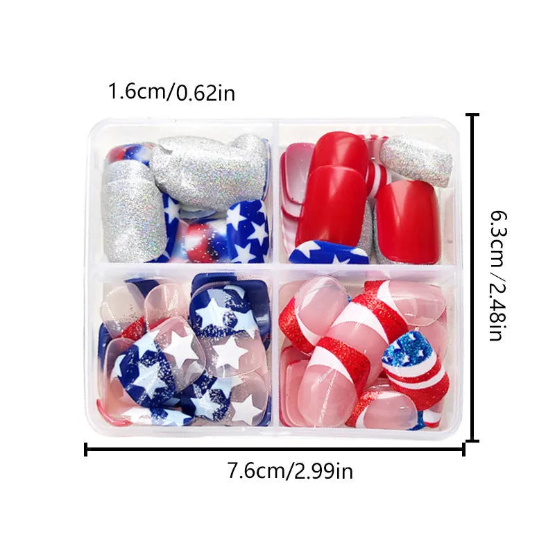 Independence Day nail art stickers with red, white, and blue five-pointed star designs on short square nails.