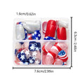 Independence Day nail art stickers with red, white, and blue five-pointed star designs on short square nails.
