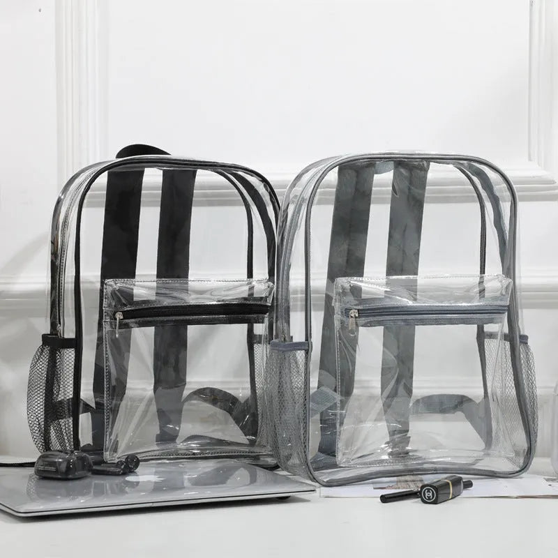 Transparent PVC travel backpack showing contents through clear material in choice of colours