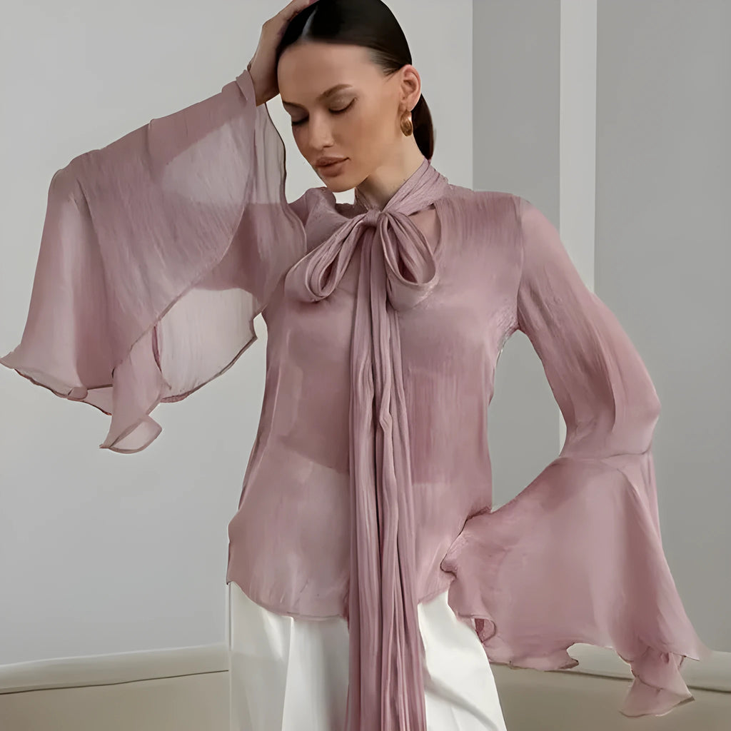 Women's solid colour lace-up flared long sleeves blouse in polyester, loose fit, apricot
