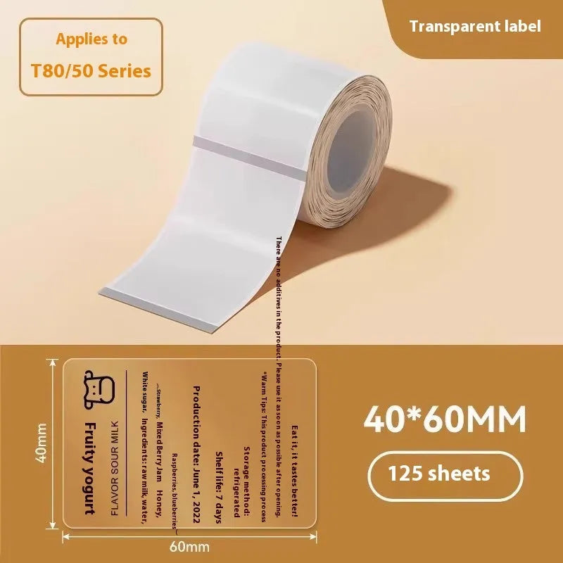 Assortment of transparent waterproof adhesive sticker labels in multiple sizes on sheet