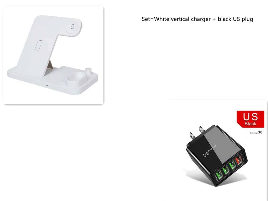 Black 4-in-1 wireless charging dock with phone on adjustable stand, Apple Watch, AirPods, and Apple Pencil on charging pads.
