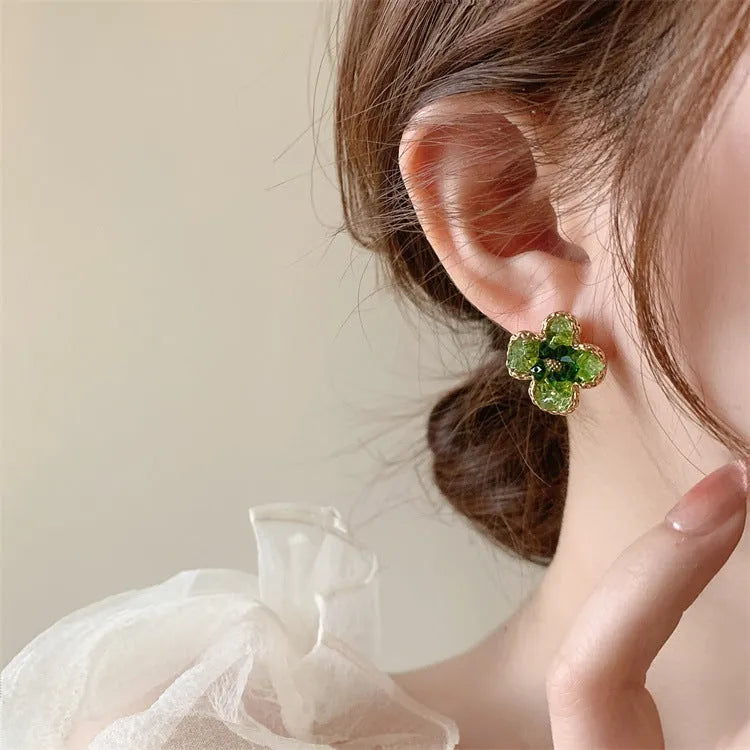 Camellia geometric earrings with crystal inlay on alloy, light luxury style for women