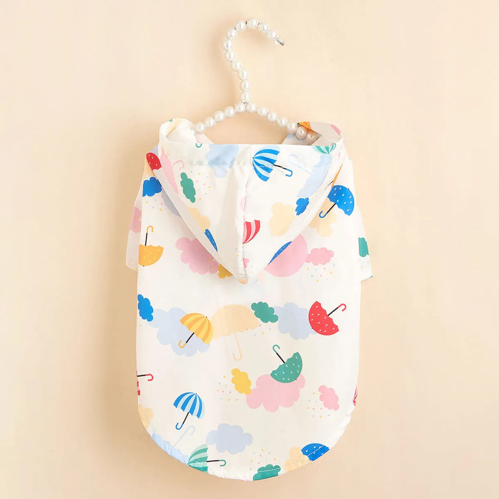 Colourful cartoon umbrella pattern pet raincoat for a small dog, shown in size L.