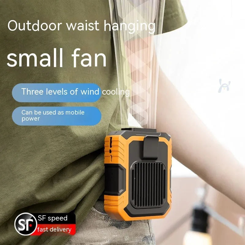 Green wrist-mounted fan with LED light and USB charging port showing three-speed controls