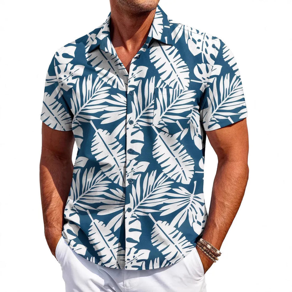 Man wearing a slim fit, short sleeve cardigan-style Hawaiian shirt in a solid colour.