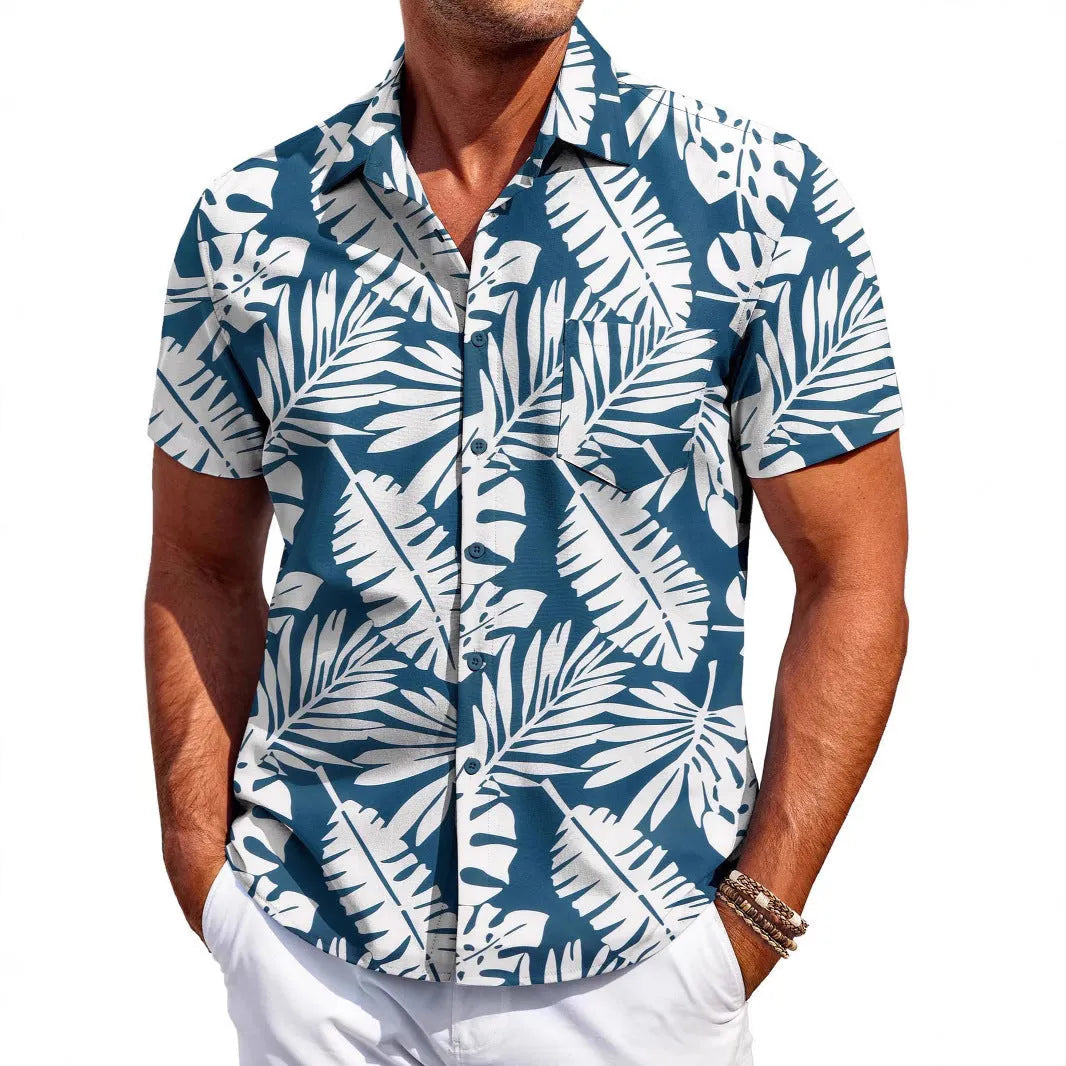 Man wearing a slim fit, short sleeve cardigan-style Hawaiian shirt in a solid colour.