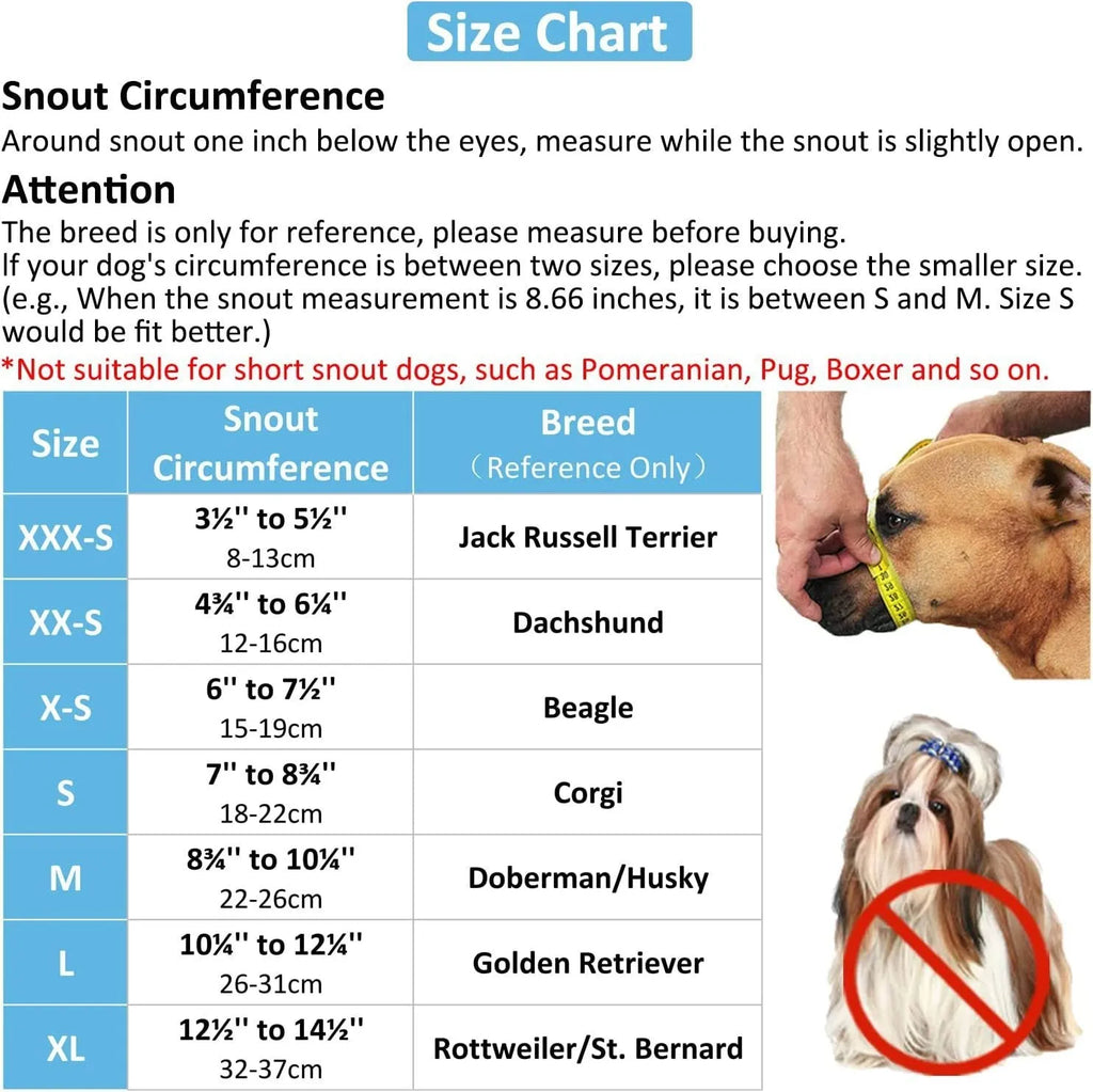 Breathable mesh dog muzzle in black or orange, sizes XXS to XL, with adjustable fit for anti-bite and anti-barking use.