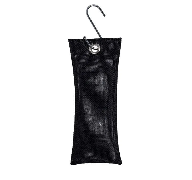Black linen bag filled with bamboo charcoal for shoe and household odour removal.