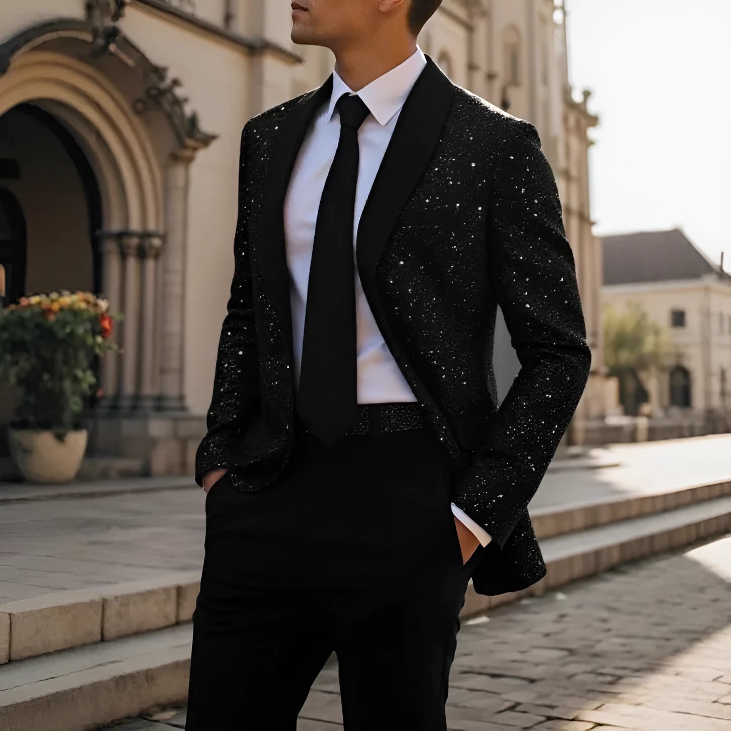 Men's black shiny polyester blazer with straight hem, long sleeves, regular fit, formalwear for weddings and banquets