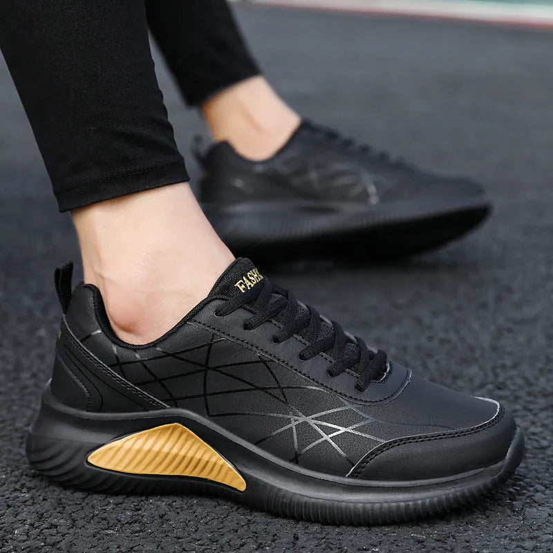 Men's casual running shoes with microfiber upper, mesh lining, PU sole, in black red, black gold, or black and white, sizes 39-44
