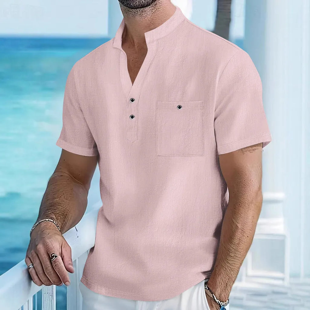 Men's apricot-coloured stand collar linen blend t-shirt on a hanger.