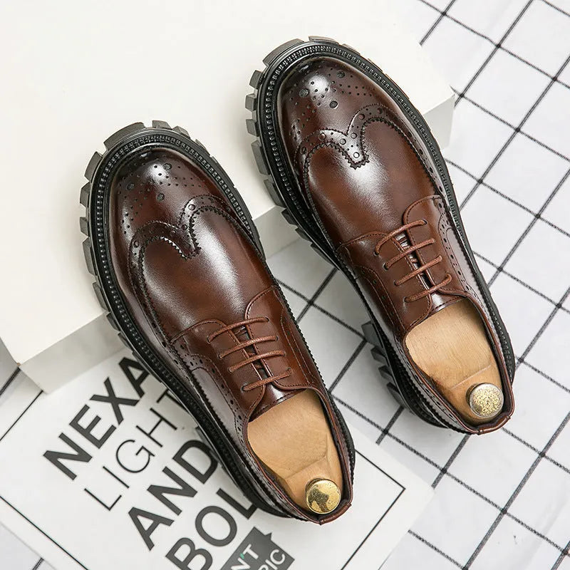 Men's black artificial PU brogue shoes with round toe and decorative perforations on a white background.