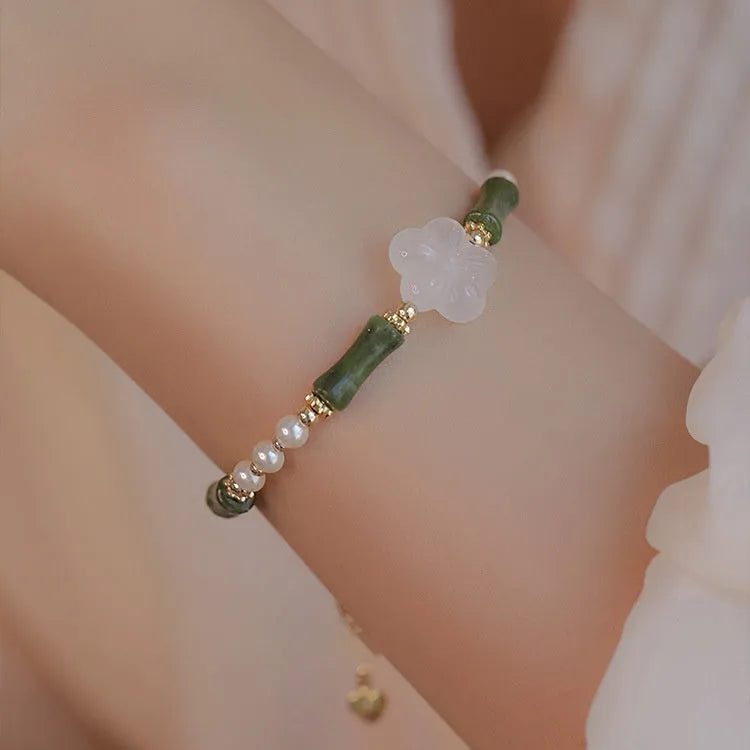 Chinese style olivine bamboo joint bracelet with Hetian jade beads and copper shell pearls